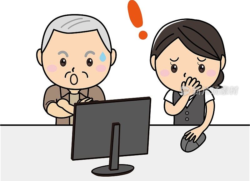 一个在电脑前失败后一脸烦恼的女人和一个惊讶的爷爷/插图材料(矢量插图)